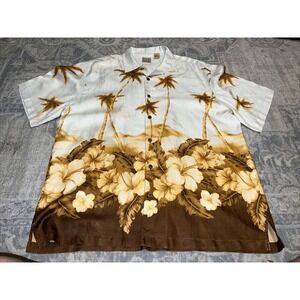 Vtg Jos A Bank Men Sz Large Silk BuShirt  Ivory And Brown Tropical Hawaiin Print